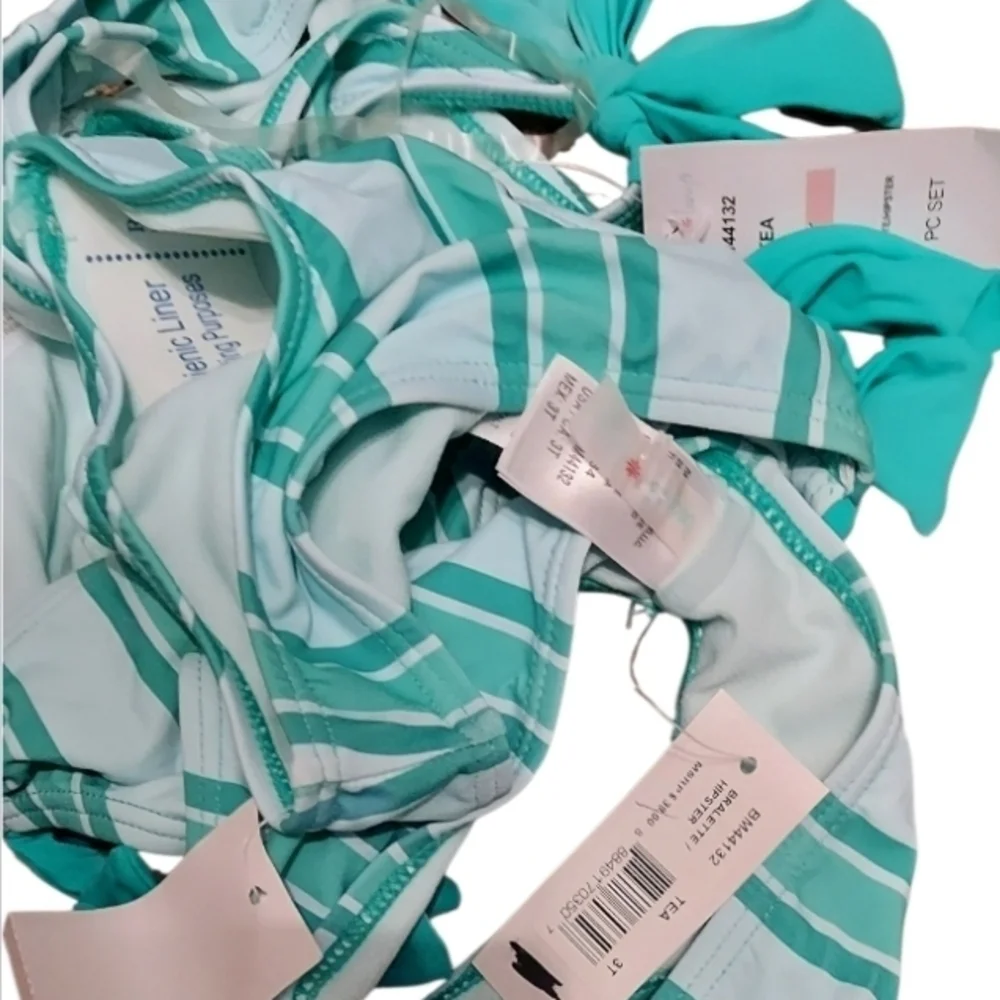NWT beach lingo 2 Piece Bikini Set in Teal Stripes And Bows